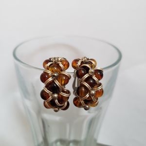 Brown Toned Beaded Silver Metal Clip On Earrings